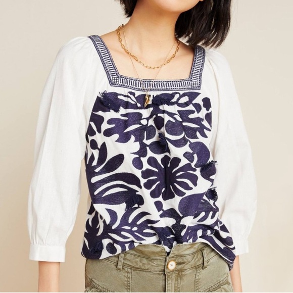 NWT Anthropologie Maeve Liyah Embroidered Top Cotton Linen Navy White Size 8 - Picture 2 of 15